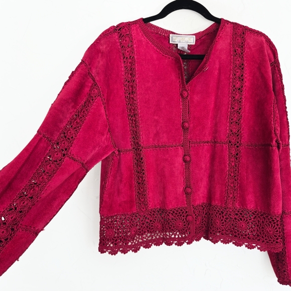 Vintage Jackets & Blazers - Vintage Suede Leather Crochet Rasberry Pink Jacket